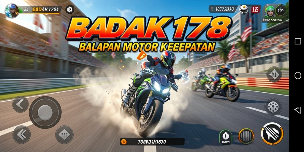 Screenshot utama BADAK178 menampilkan aksi balapan motor yang mendebarkan.