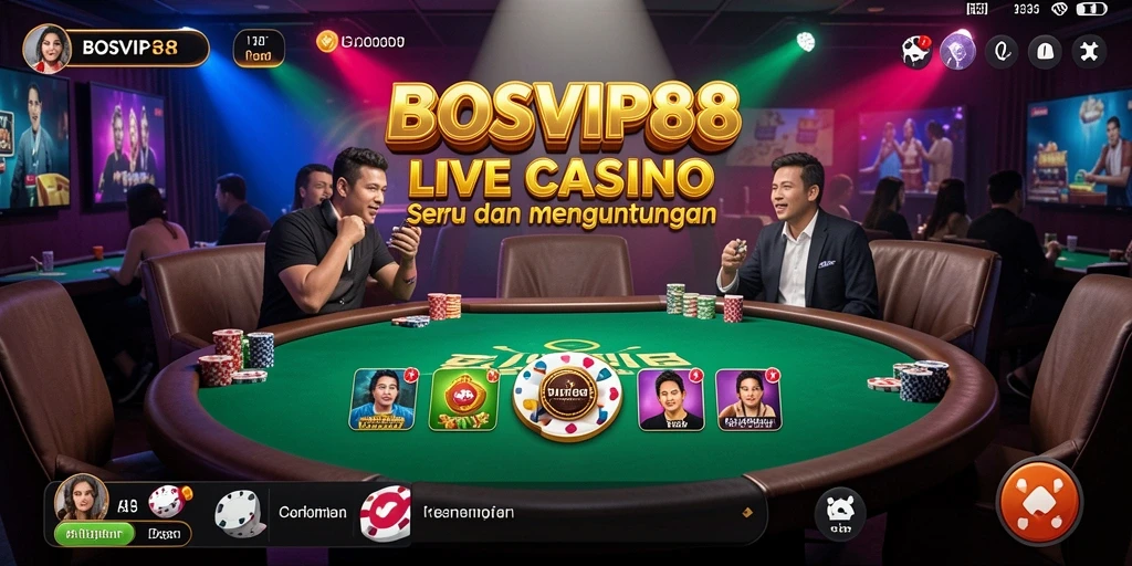 Screenshot utama BOSVIP88 menampilkan suasana permainan Live Casino yang mengasyikkan.