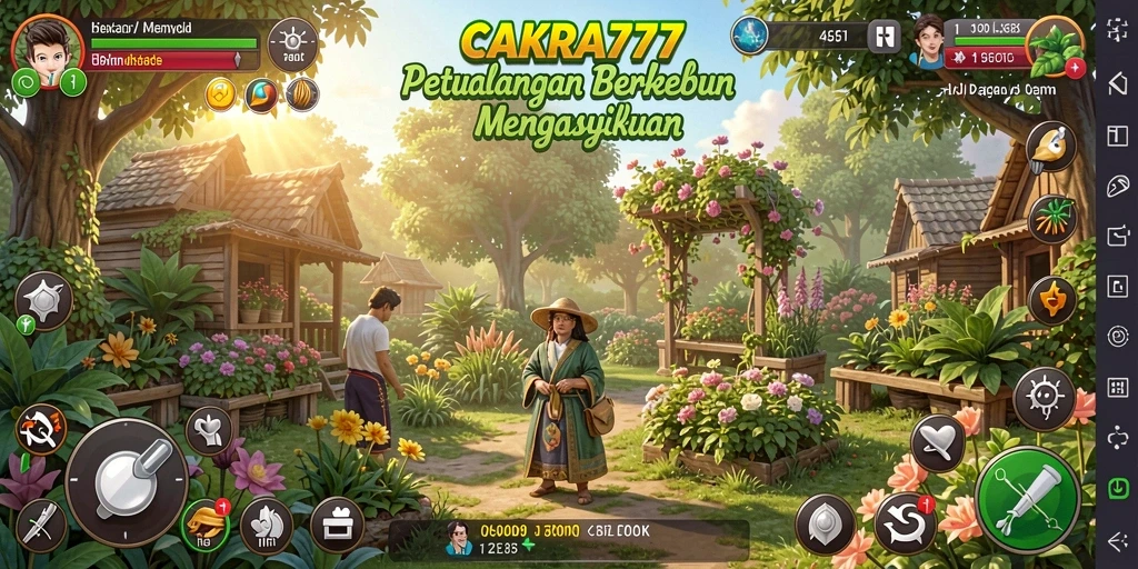Tampilan utama gameplay CAKRA777 dengan ladang yang subur.