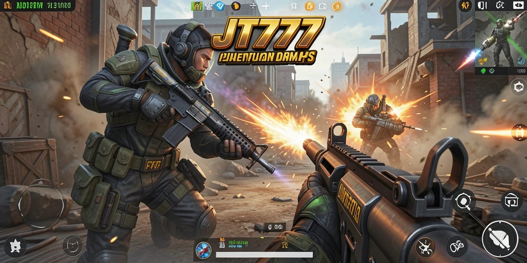 Tangkapan layar gameplay JT777 menampilkan pertempuran FPS yang seru.