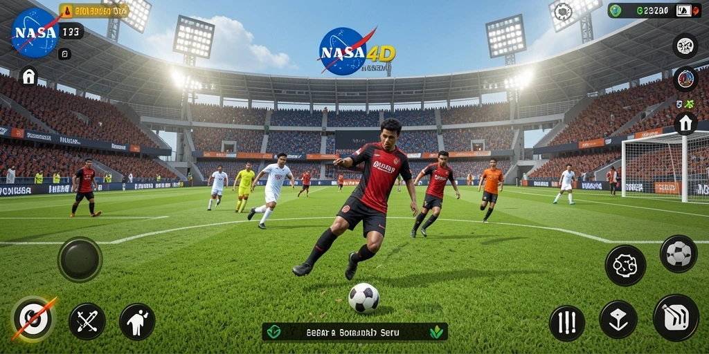 Screenshot utama NASA4D menampilkan aksi seru di lapangan sepak bola.