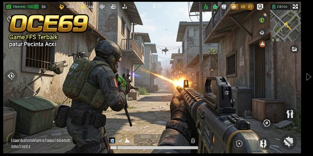 Screenshot gameplay <strong>OCE69</strong> menampilkan aksi tembak-menembak yang intens dan mendebarkan.
