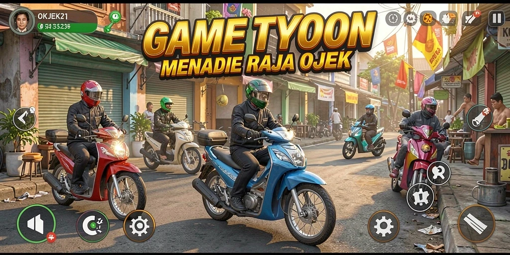 Tampilkan gameplay menarik dari OKJEK21 dalam mengelola armada ojek.