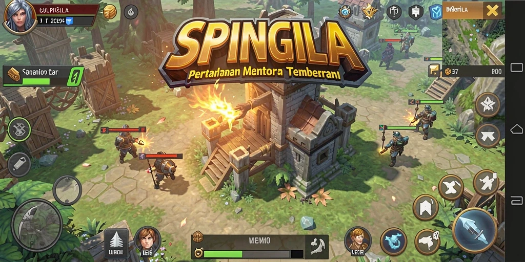 Tangkapan layar SPINGILA menampilkan aksi menara pertahanan yang seru.