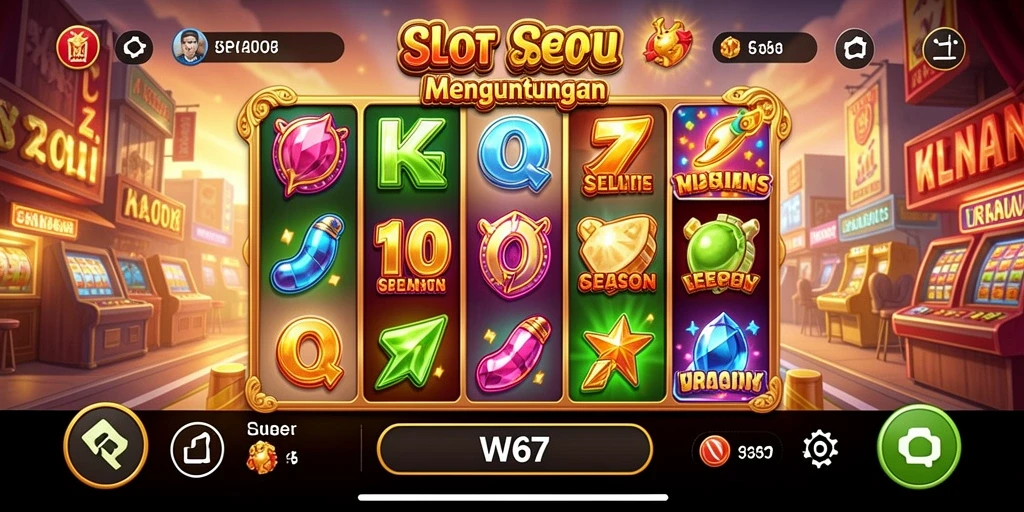 Screenshot gameplay menarik W67 dengan gulungan yang berputar.